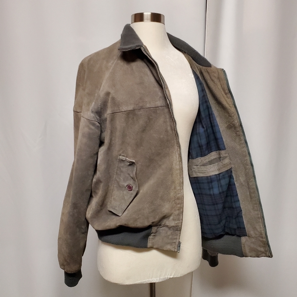 Vintage 90s‎ y2k Gray Suede Leather Bomber Jacket The Fox Collection L